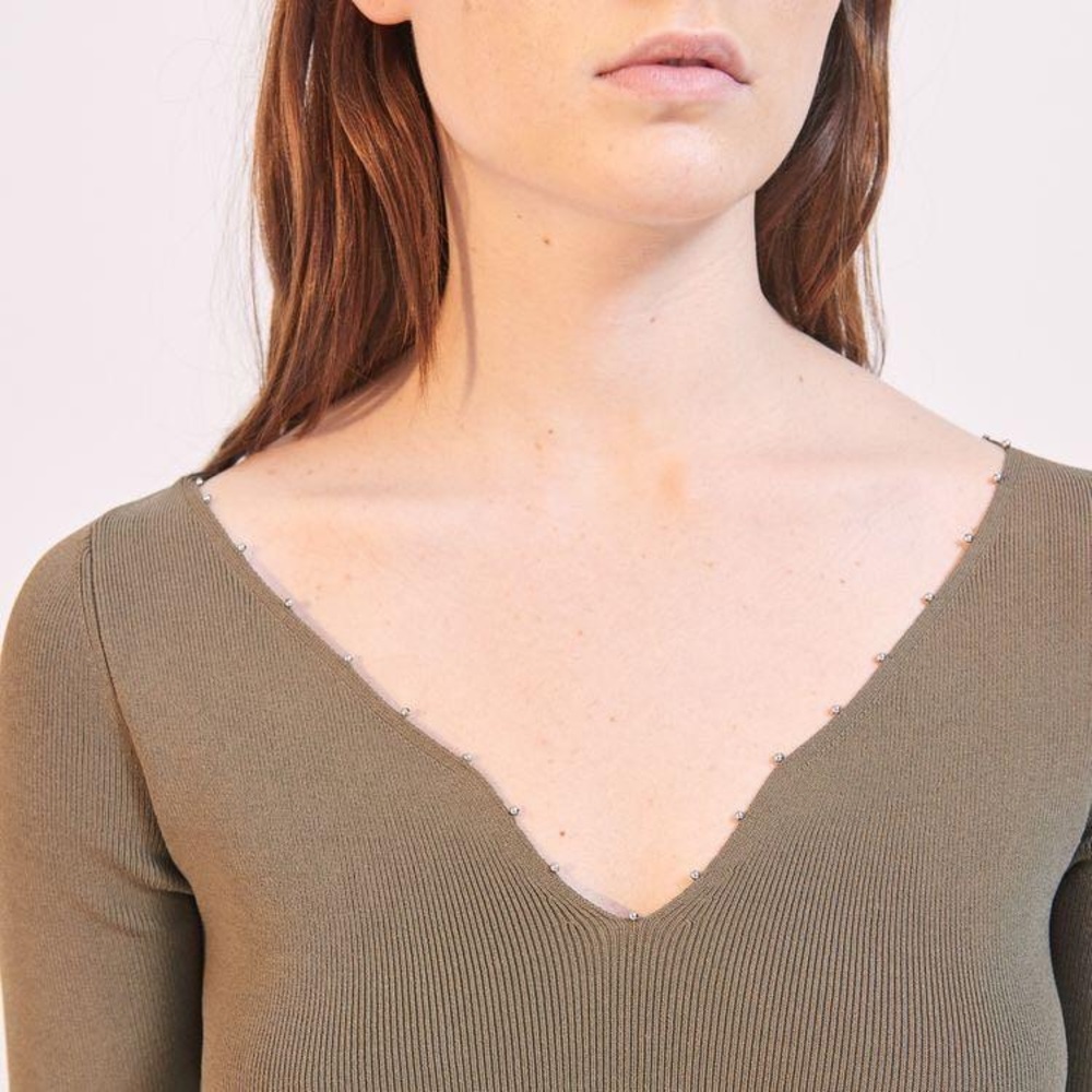 Sandro Paris Olive Green Beaded Knit Top